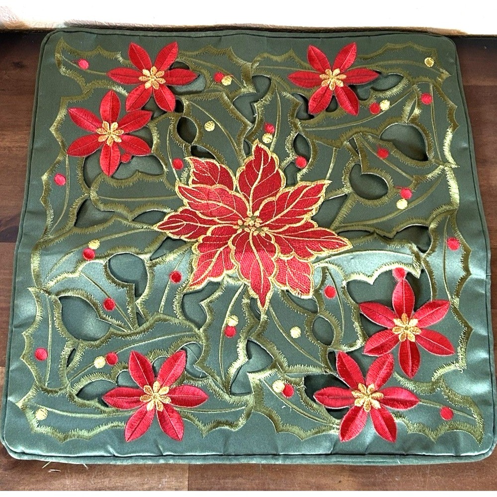 Poinsettia Cutout Embroidery Pillow Cover 16" x 16" Green Red Gold Holiday